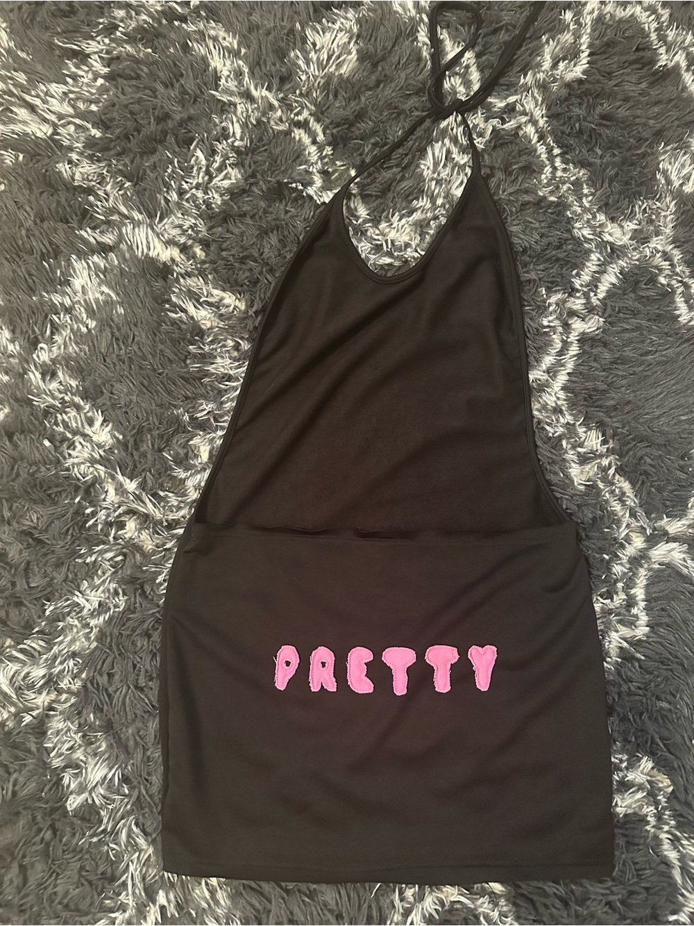 Black Halter Mini Dress with Pink "PRETTY" Graphic